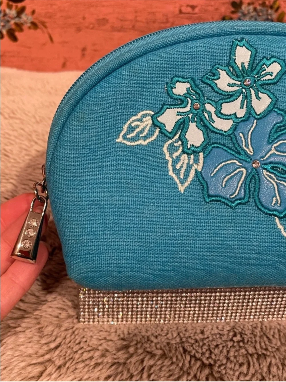 Givenchy Turquoise Floral Embroidered Cosmetic Pouch